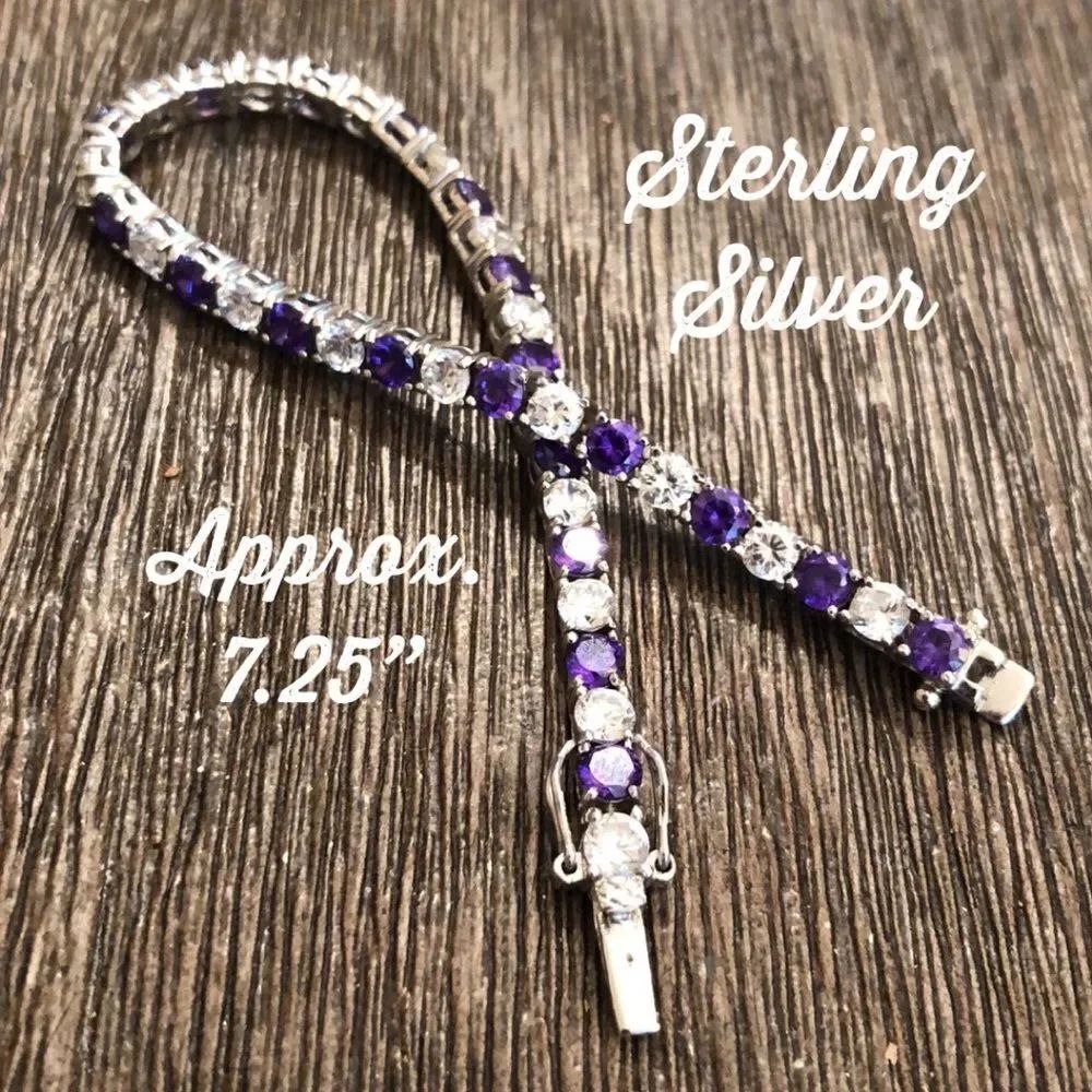 Sterling Silver CZ Faux Tanzanite Tennis Bracelet